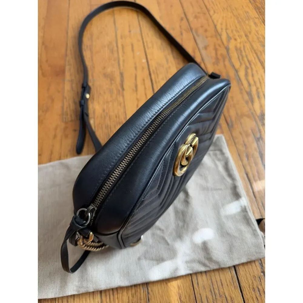 Gucci Crossbody Bag Womens Small Black Leather GG Marmont Camera Made In Italy - Picture 6 of 16